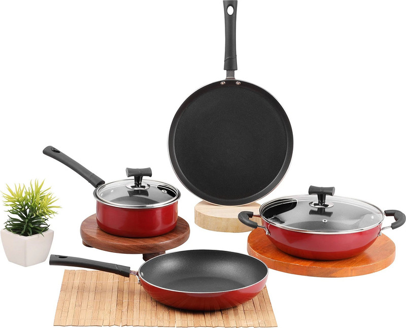 VINOD Popular Non-Stick Induction Friendly 4 Pcs Cookware Set - Kadai with Lid 24cm Induction Bottom Non-Stick Coated Cookware Set(Aluminium, 4 - Piece)