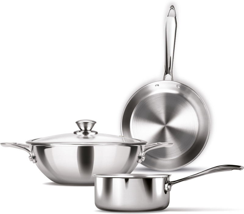 MILTON Procook Triply Sauce Pan 14 cm, Fry Pan 24 cm, Kadhai 24 cm with Glass Lid 24 cm Cookware Set(Stainless Steel, 3 - Piece)