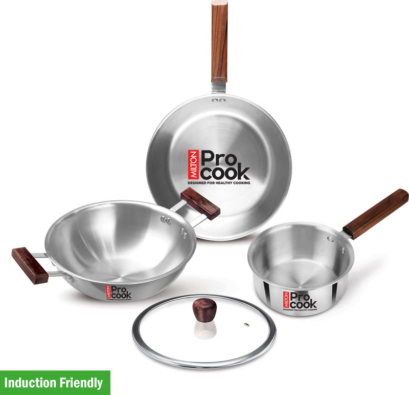 MILTON Procook Triply Stainless Steel 4pc with Wood Handle Saucepan Frypan Kadhai & lid Induction Bottom Cookware Set(Stainless Steel, 4 - Piece)