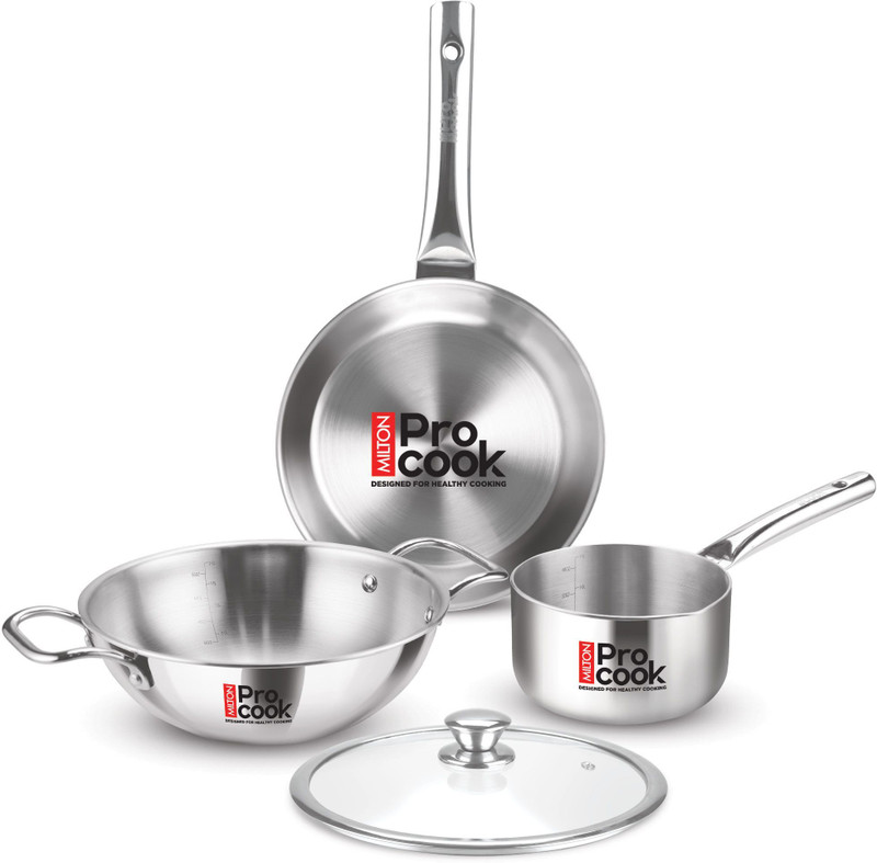 MILTON Procook Cookware Saucepan, Frypan, Kadai with Glass Lid Induction Bottom Cookware Set(Stainless Steel, 4 - Piece)