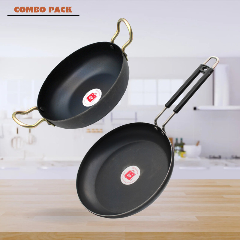 LAZYwindow LAZYwindow Traditional Iron Fry Pan / TawaAnd Deep Bottom Kadhai Combo Pack Induction Bottom Cookware Set(Iron, 4 - Piece)