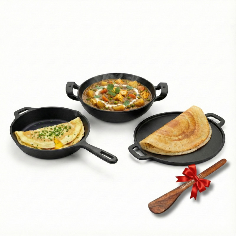 Human Hydro IronCure Cast Iron Combo - Kadai, Fry Pan & Tawa with Free Wooden Spatula Induction Bottom Cookware Set(Cast Iron, 4 - Piece)