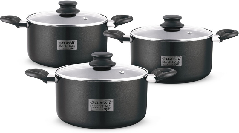 Classic Essentials 3 PC Biryani Handi with Glass Lid, casserole Set, Induction Bottom Non-Stick Coated Cookware Set(PTFE (Non-stick), Aluminium, 3 - Piece)