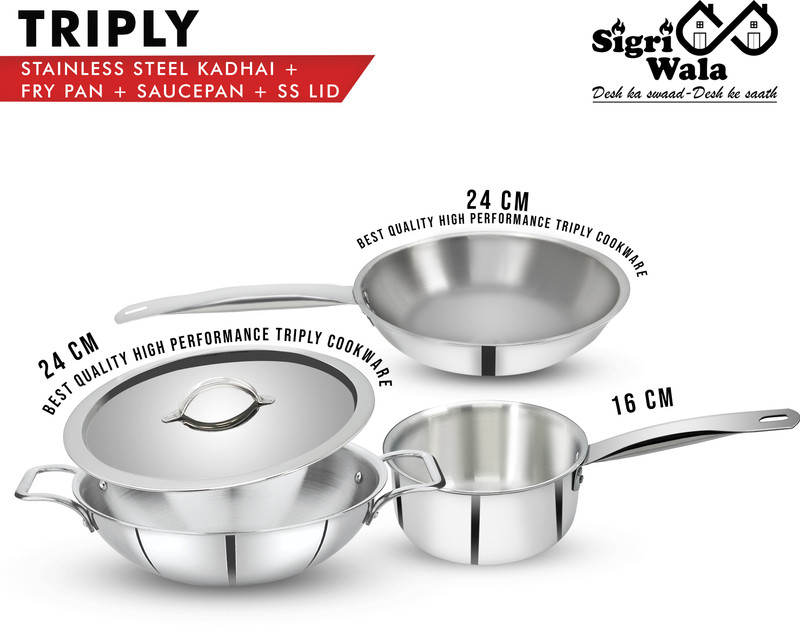 Sigri-wala Cook Healthy Triply 4PCS Combo Kadai24 cm, FryPan24 cm,Saucepan16 cm, LID 24 cm Induction Bottom Cookware Set(Triply, 4 - Piece)