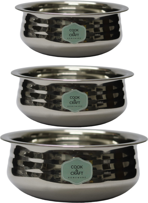 COOKCRAFT Premium Stainless Steel Urli Set/ Handi Set ,Silver Handi 0.85 L, 1.1 L, 1.5 L(Stainless Steel, Non-stick)