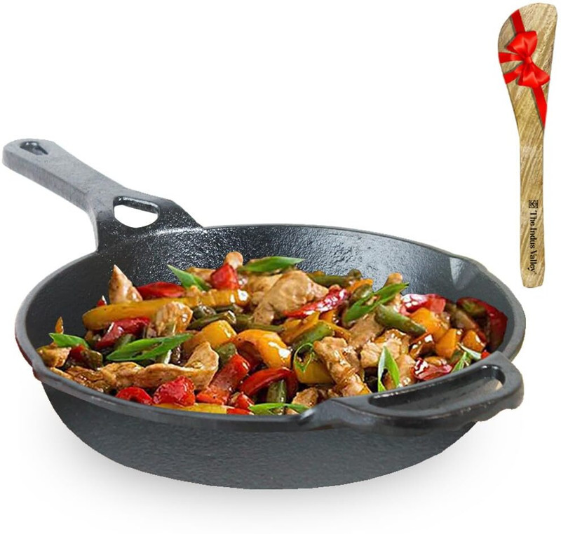 The Indus Valley Pre-Seasoned Cast Iron Skillet Fry Pan with Free Wooden Flip | 26.2cm/1.8L Induction Bottom Cookware Set(Cast Iron, 2 - Piece)
