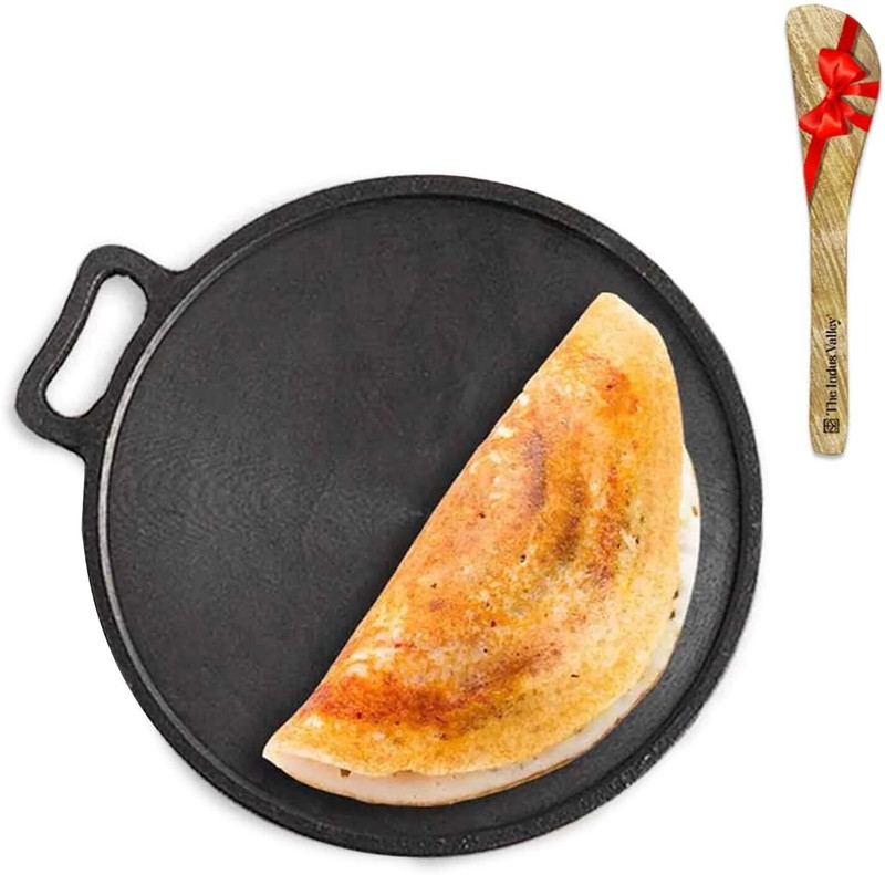 The Indus Valley Super Smooth Cast Iron Tawa + Free Wooden Spatula - 30.4cm/ 12 inch Induction Bottom Cookware Set(Cast Iron, 2 - Piece)