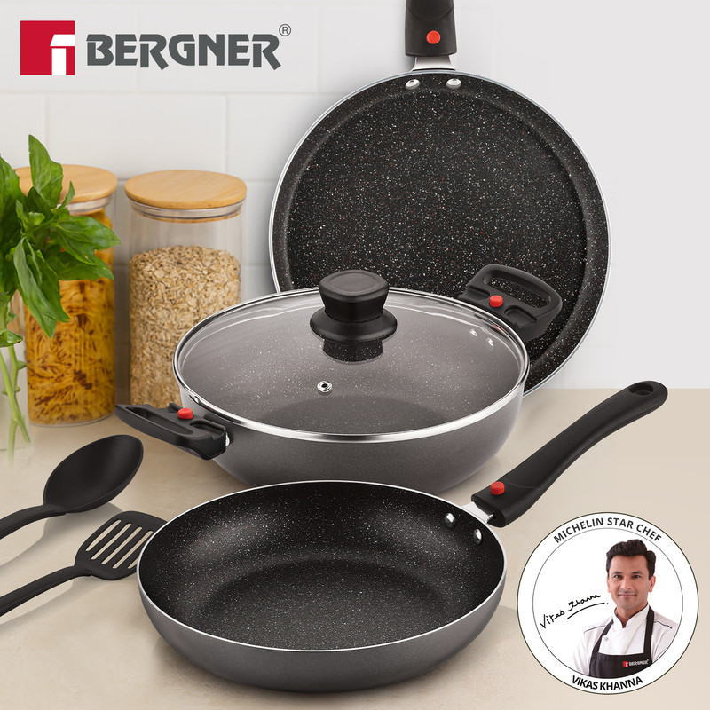 BERGNER Sherry Plus 5-Layer Non-Stick Cookware Set 6 Pcs with Detachable Handle - Induction Bottom Non-Stick Coated Cookware Set(Aluminium, 6 - Piece)