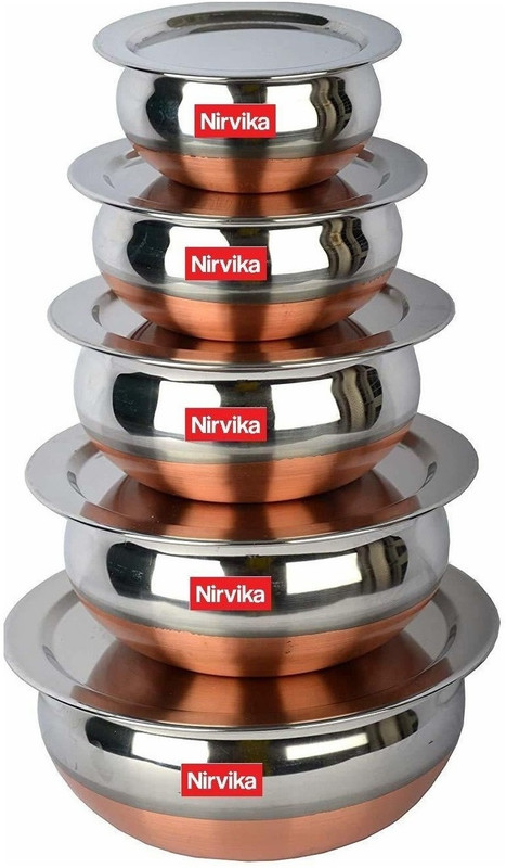 Nirvika Stainless Steel Serving Bowl Copper Bottom Handi Set with Lid/ Cookware Set/Dinner serving bowl patila(Pack of 5, Silver)