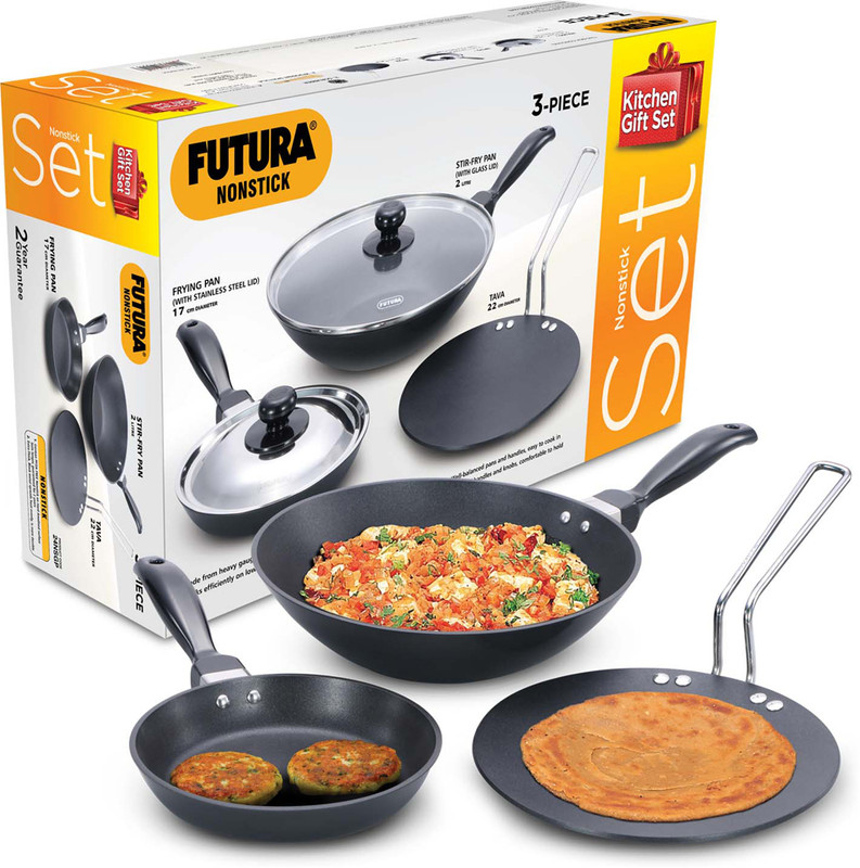 Hawkins Futura Kitchen Gift Set - 2L Stir-Fry Pan, 17cm Frying Pan, 22cm Tava (24NSGP) Non-Stick Coated Cookware Set(Hard Anodised, 3 - Piece)
