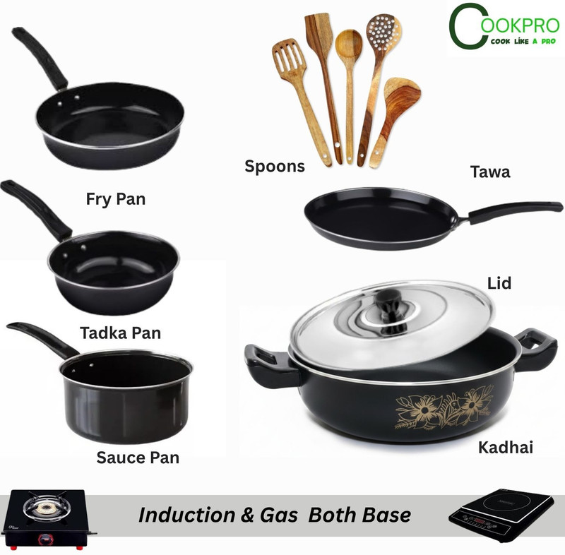 cookpro Cookpro Luxury ( 5 pcs cookware set with 5 pcs multipurpose spatula set Induction Bottom Non-Stick Coated Cookware Set(Cast Iron, 11 - Piece)