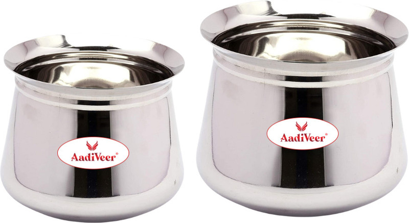 AadiVeer 20G Stainless Steel Handi | Milk Pot | Steel Pot | Dahi Handi | Biryani Handi Induction Bottom Cookware Set(Stainless Steel, 2 - Piece)