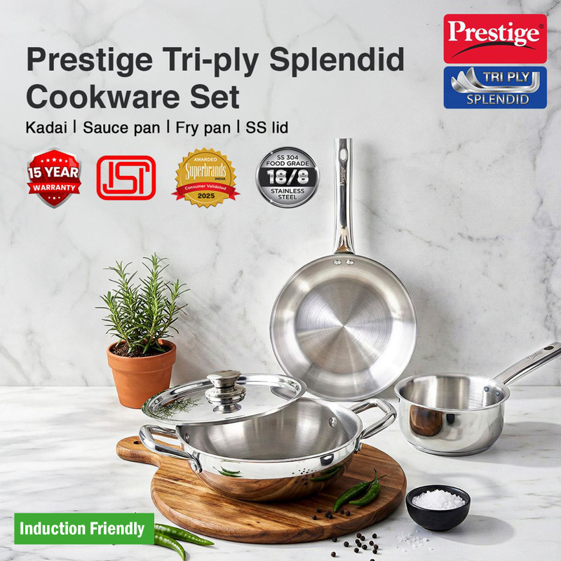 Prestige Triply Splendid BYK|Fry Pan 1.2L|Kadai 2.1L|Saucepan 1L|Even Heat Distribution Induction Bottom Cookware Set(Triply, 4 - Piece)