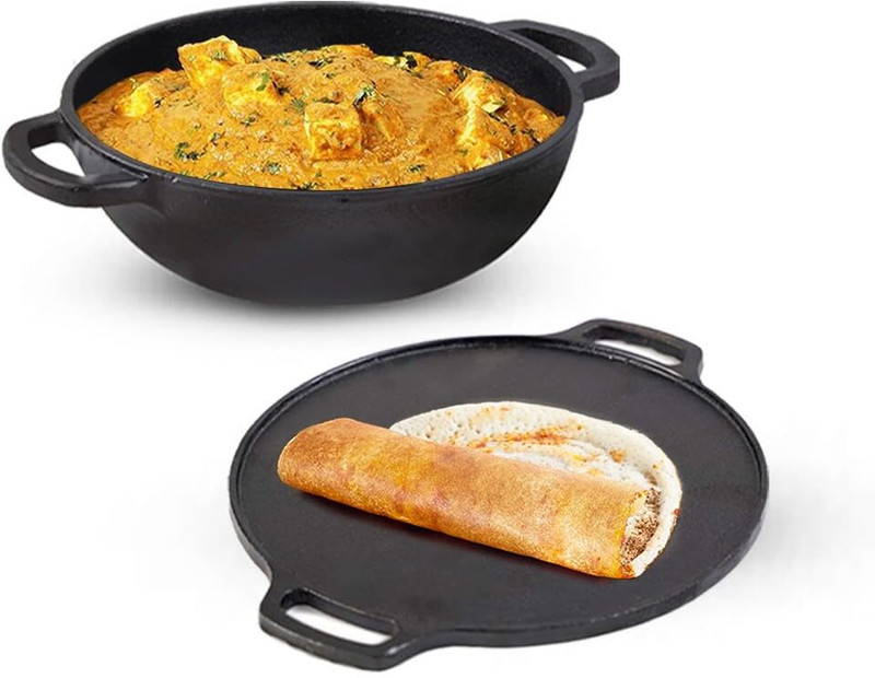 The Indus Valley Pre-Seasoned Cast Iron Cookware Set + Free Tadka Pan | Set of Tawa + Kadai Induction Bottom Cookware Set(Cast Iron, 2 - Piece)