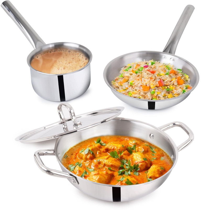 The Indus Valley Triply Stainless Steel Cookware Set | Set of Kadai, Fry Pan & Milk Pan Induction Bottom Cookware Set(Triply, Stainless Steel, 3 - Piece)