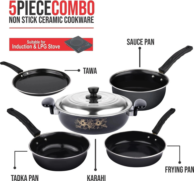 Kashvi Kashvi Pack of 5 pc (Kadhai (With Lid), Fry Pan, Sauce Pan, Tadka Pan & Tawa) Induction Bottom Non-Stick Coated Cookware Set(Cast Iron, Iron, 5 - Piece)