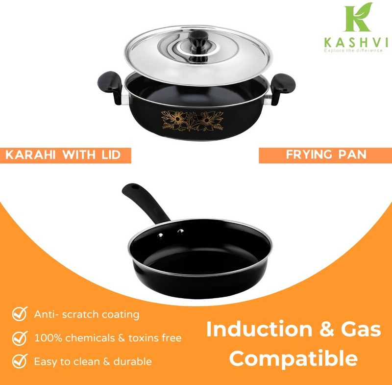 HouseOfCommon Best Non-Stick Induction Base Kadhai with lid+ Fry Pan Combo Induction Bottom Non-Stick Coated Cookware Set(Cast Iron, 2 - Piece)
