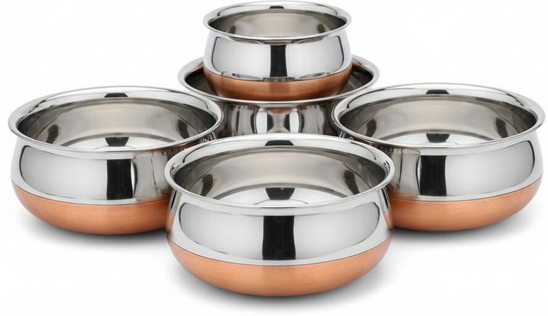 Masox Store Stainless Steel Copper Base Handi Cookware for Indian Meals Handi 0.75 L, 1 L, 1.5 L(Stainless Steel)