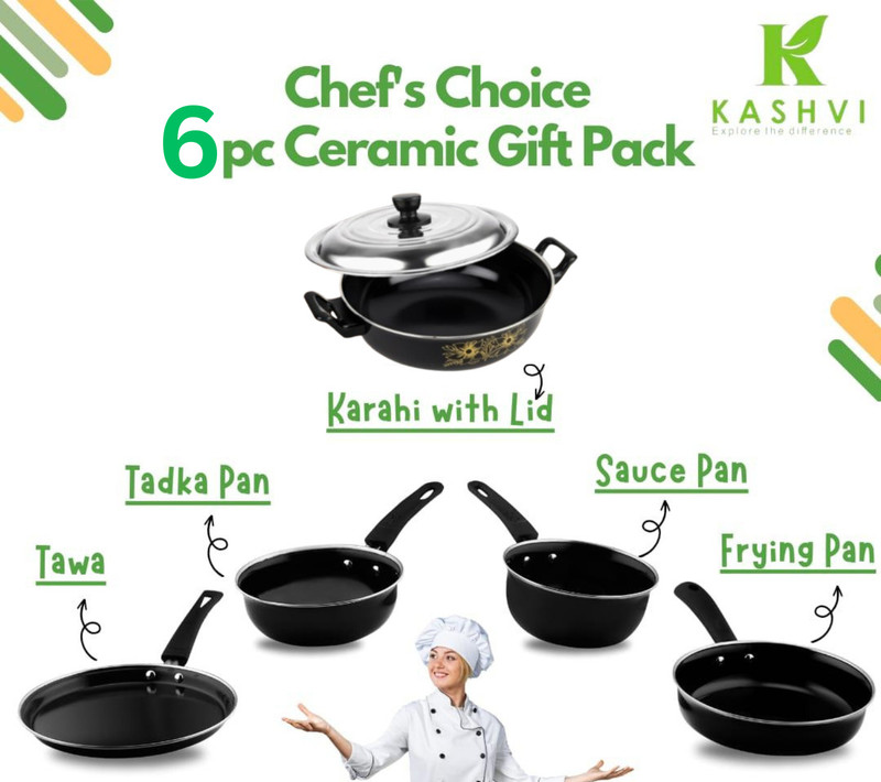 cookpro Premium Combo Kadhai with Lid, Sauce pan, Tadka Pan, Frypan, Tawa, Spatula Set Cookware Set(Ceramic, 11 - Piece)