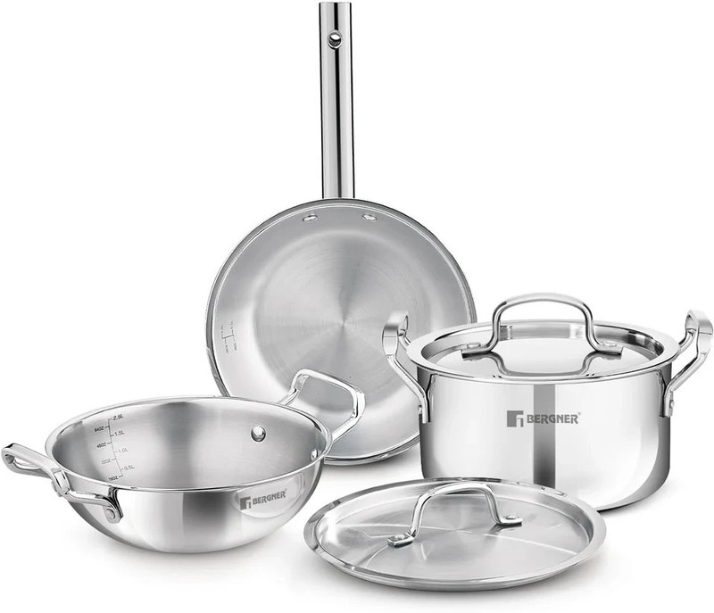 BERGNER TriPro Cookware Set of Kadai with Lid,Biryani Pot with Lid, Frypan Induction Bottom Cookware Set(Triply, 5 - Piece)