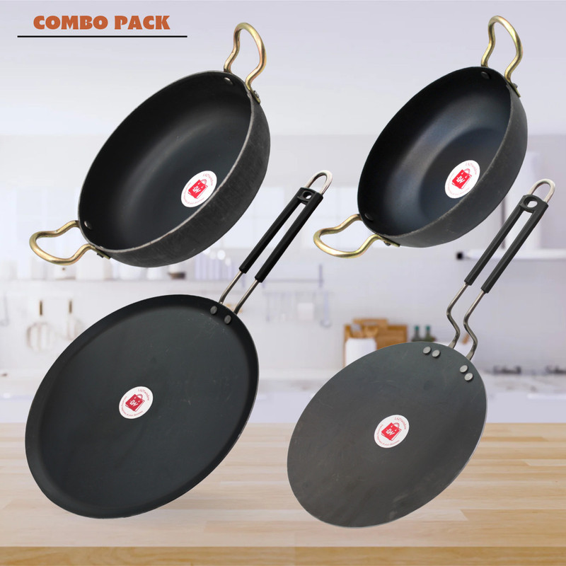 LAZYwindow Traditional Iron Deep Bottom Kadhai,Tawa And Tadka Pan with insulated Handle Induction Bottom Cookware Set(Iron, 4 - Piece)
