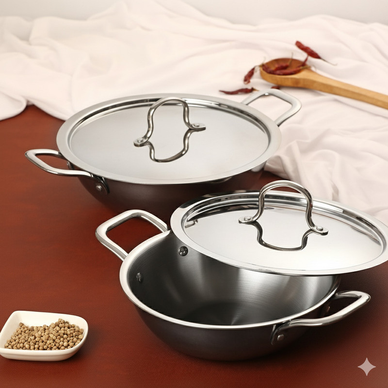 Bowls & More Tri-Ply Stainless Steel 4 Pcs Cookware Set | 24 cm Kadhai and 26 cm Kadhai Induction Bottom Non-Stick Coated Cookware Set(Stainless Steel, 4 - Piece)