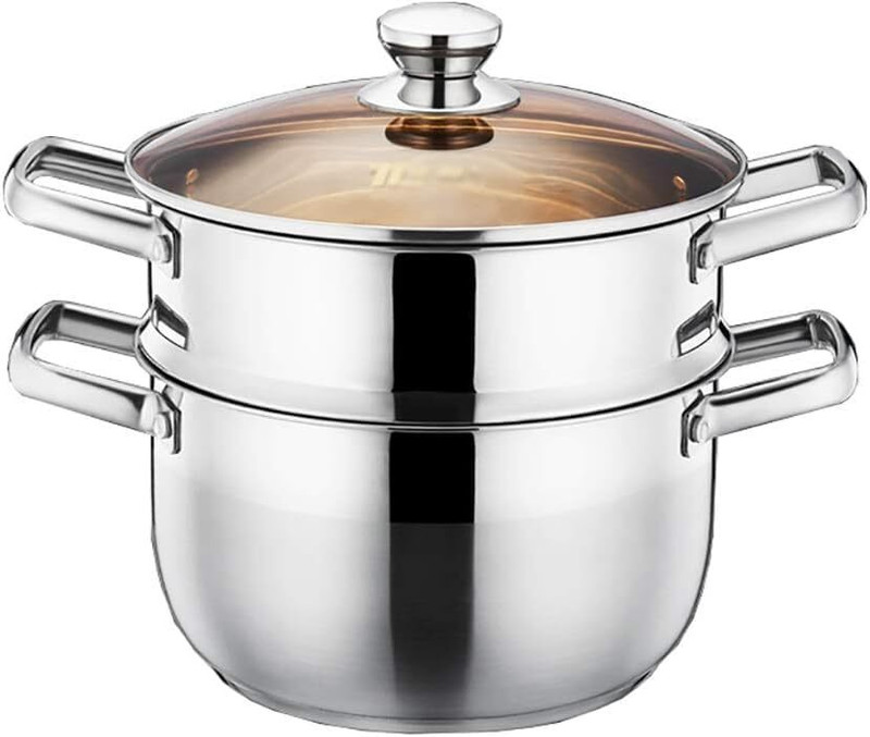 LAVNIK 2 Tier Boiler Pot with Lid Cookware Stainless Steel Induction Bottom Steamer Stainless Steel Steamer(2.2 L)