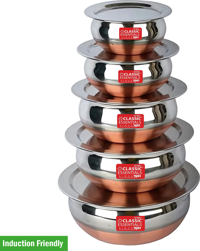 Classic Essentials Stainless Steel Copper Base Handi/Patila/Bhagona/Biryani Cook & Serve Induction Bottom Cookware Set(Stainless Steel, 10 - Piece)