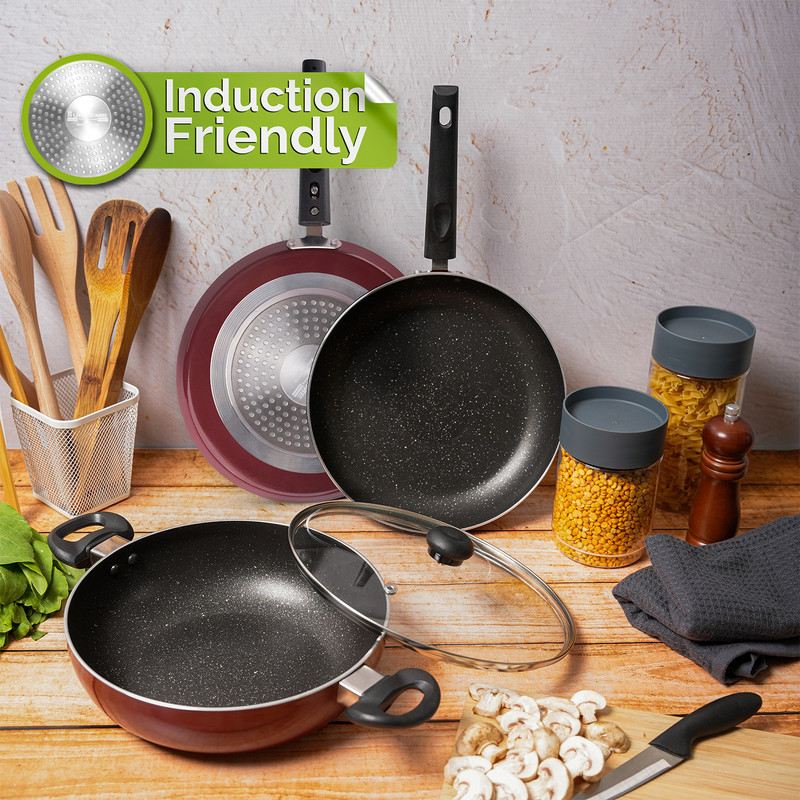 Supreme Cookware Kadhai / Tawa / Fry Pan Induction Bottom Non-Stick Coated Cookware Set(Aluminium, 3 - Piece)