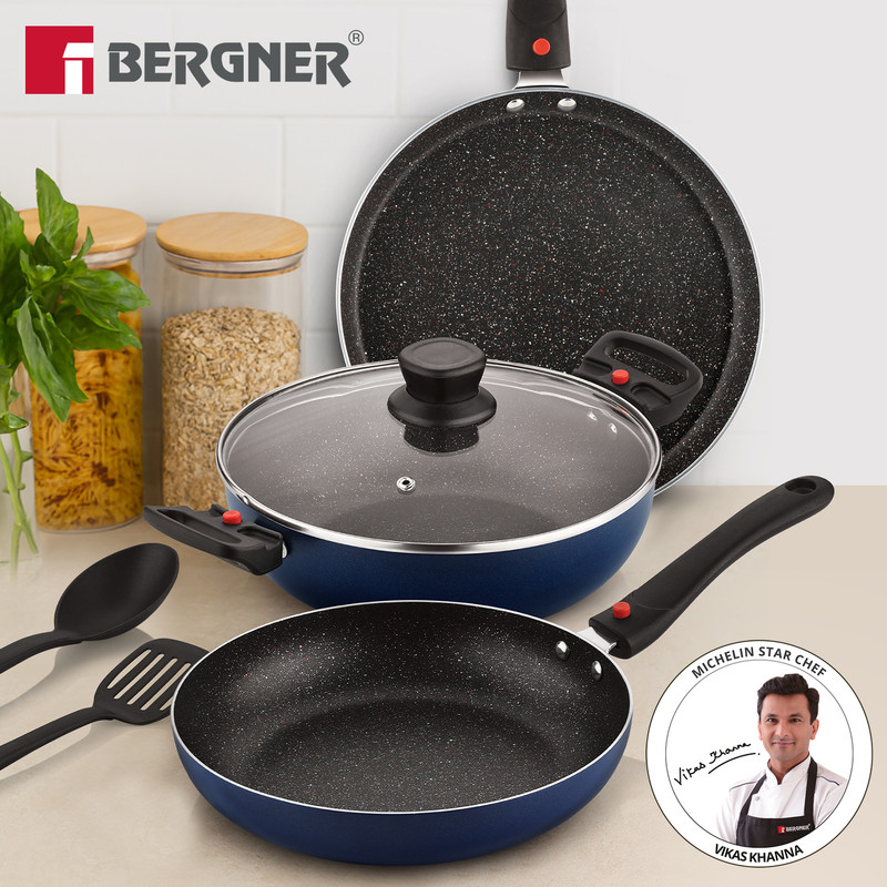 BERGNER Sherry Plus 5-Layer 6 Pcs Non-Stick Cookware Set with Detachable Handle - Induction Bottom Non-Stick Coated Cookware Set(Aluminium, 6 - Piece)