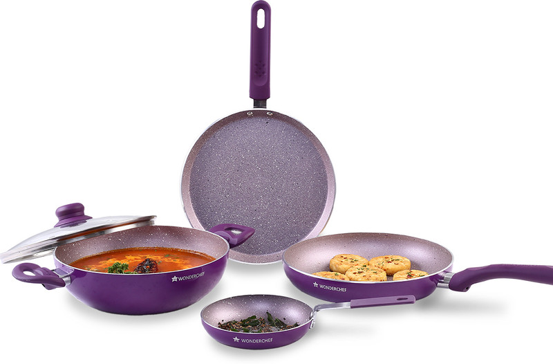 WONDERCHEF Royal Velvet Non-stick 5-piece Cookware Set (Fry Pan with Lid, Wok, Dosa Tawa, Mini Fry Pan) Induction bottom, Soft-touch handles, Virgin grade aluminium, PFOA/Heavy metals free, 3 mm, 2 years Induction Bottom Non-Stick Coated Cookware Set(Aluminium, 4 - Piece)