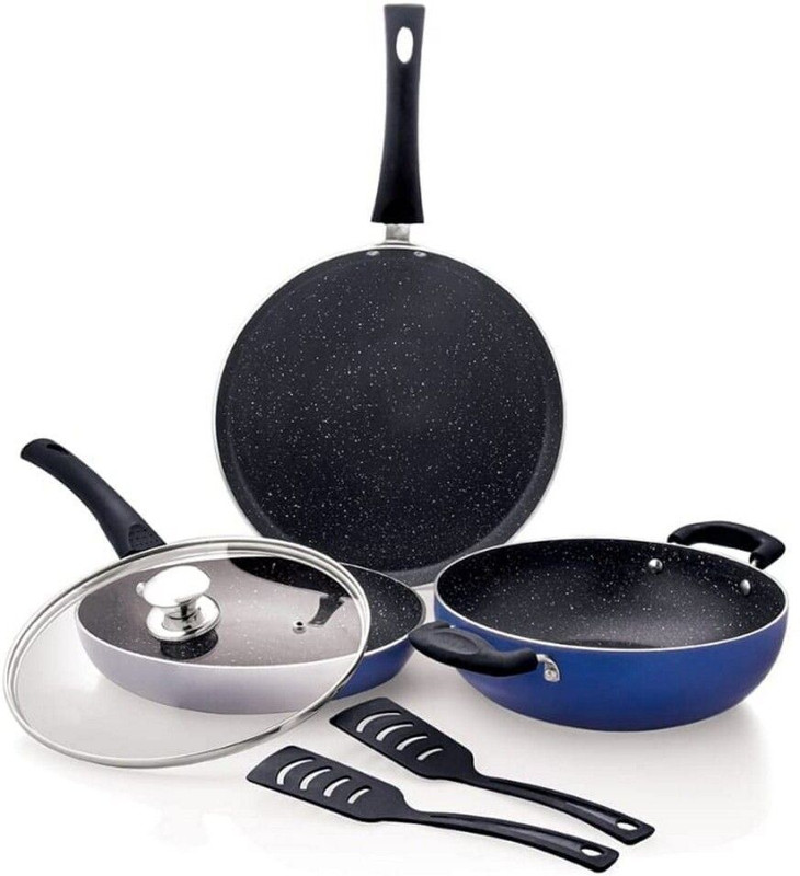 Home-pro Combo set of 4-piece non-stick Dosa Tawa, Fry pan, Kadai with Glass lid Non-Stick Coated Cookware Set(Aluminium, 6 - Piece)