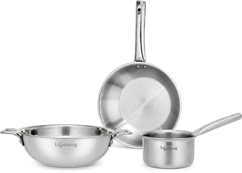 Lifelong Triply Kadai, Frypan & Saucepan Induction Bottom Cookware Set(Stainless Steel, 3 - Piece)