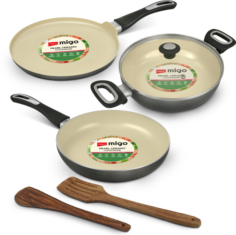 IMPEX Ceramic Induction Bottom Cookware set 6 Pcs with Glass Lid | Induction Bottom Non-Stick Coated Cookware Set(Ceramic, 6 - Piece)