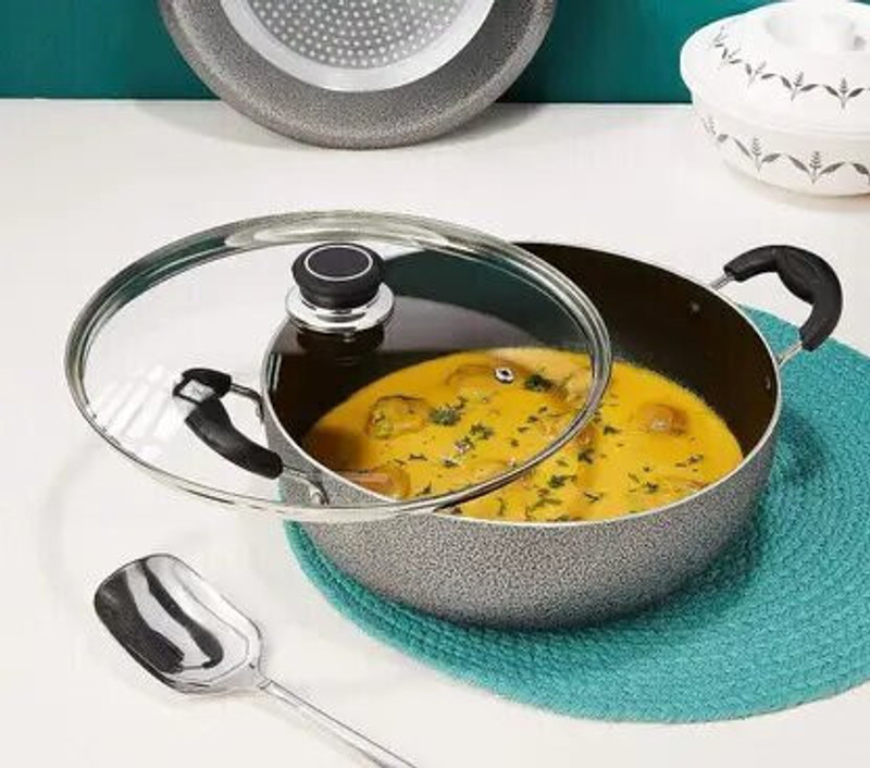 PATALSEVA Nonstick Aluminium Kadai Pan with Glass Lid 2.5 L 26 cm, Hammertone Finish 3Coat Induction Bottom Non-Stick Coated Cookware Set(Aluminium, 1 - Piece)