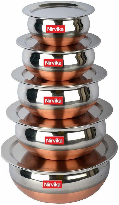 Nirvika Stainless Steel Handi Set of 5 Pic Cookware Set Patla/Serving bowl/Container Set Handi 0.4 L, 0.65 L, 0.85 L, 1.2 L, 1.65 L with Lid(Stainless Steel)
