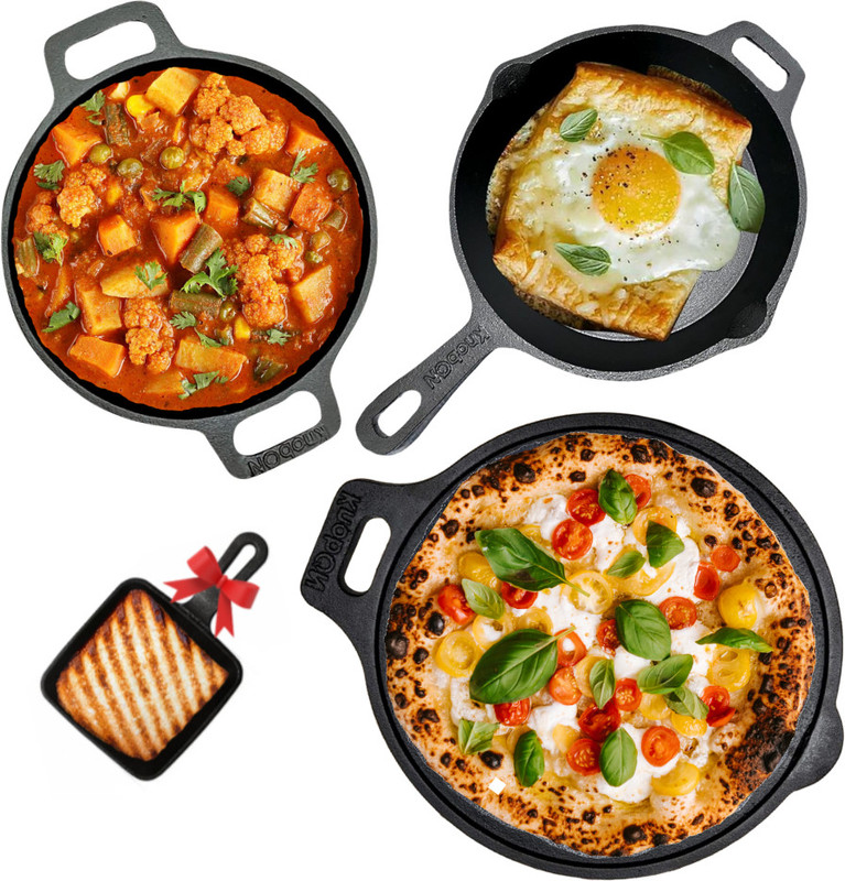 KNOBON 7 layer Cast Iron Cookware Combo - Dosa Tawa 30cm+ Kadhai 26cm+ Fry Pan 27cm Induction Bottom Non-Stick Coated Cookware Set(Cast Iron, 3 - Piece)
