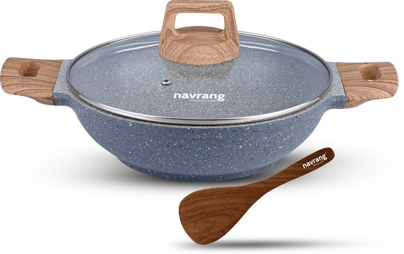 NAVRANG Aluminum Granite DieCast Kadai 2L 240mm with Wooden Handles, Glass Lid & Spatula Induction Bottom Non-Stick Coated Cookware Set(Aluminium, 3 - Piece)