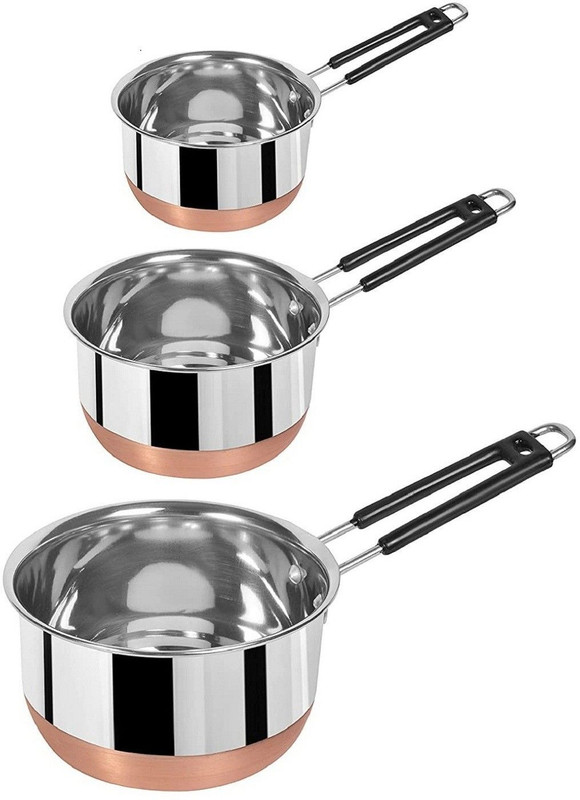 RBGIIT CPS_5 Stainless Steel (22 Guage, Heavy Material) Sauce Pan with Copper Bottom / MILK - TEA PAN 3 pcs COMBO SET Capacity:- 1, 1.5, 2 Liter Sauce Pan 15.5 cm, 17 cm, 18.5 cm diameter (Non-stick) Serving Set 3 Pices Bowl Serving Set(Pack of 3)