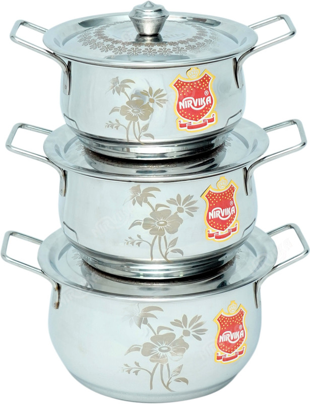 Nirvika Pack of 3 Stainless Steel Laser handi Kitchen Biryani Cooking & Serving Patila set0.750 L, 1.000 L,1.500 L Dinner Set(Silver)