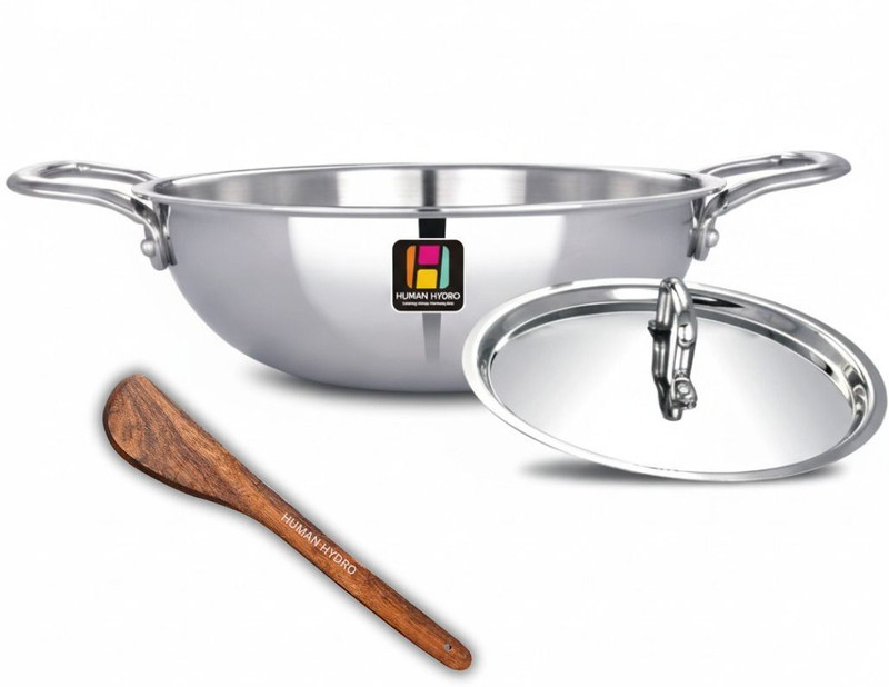 Human Hydro Prime Triply Stainless Steel Kadai 22CM with Lid & Wooden Spatula Induction Bottom Cookware Set(Stainless Steel, 3 - Piece)