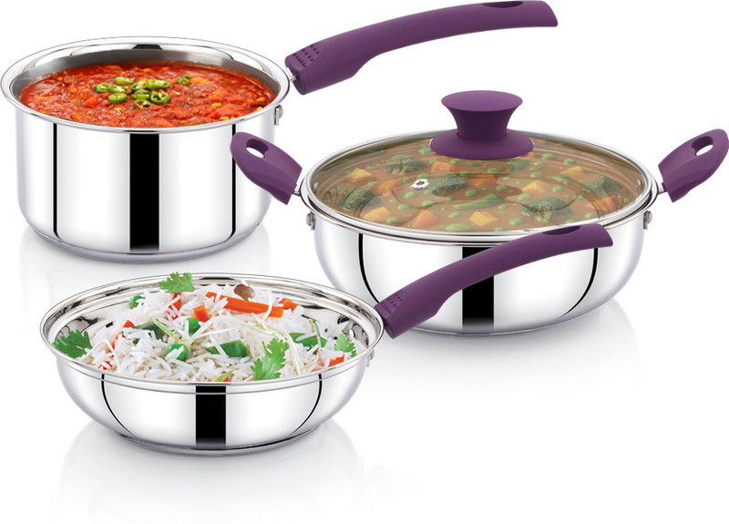 AVIAS Inox 4 Pcs Set with Glass Lid Induction Bottom Cookware Set(Stainless Steel, 4 - Piece)