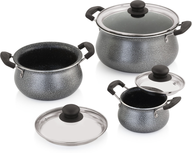 NIRLON Aluminium Non-Stick Coating Popular Handi 3 Pcs Set with Glass lid Non-Stick Coated Cookware Set(Aluminium, 3 - Piece)