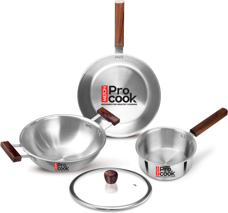 MILTON Procook Cookware Saucepan, Frypan, Kadai with Glass Lid Induction Bottom Cookware Set(Stainless Steel, 4 - Piece)