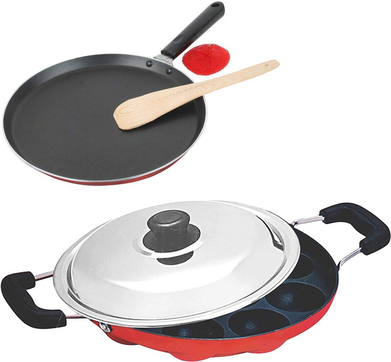 Rasoi by Rasoi Combo 2 Pcs Set of Crispy Hammer Tone Finish Dosa Tawa , Appam pan Non-Stick Coated Cookware Set(Glass, 2 - Piece)
