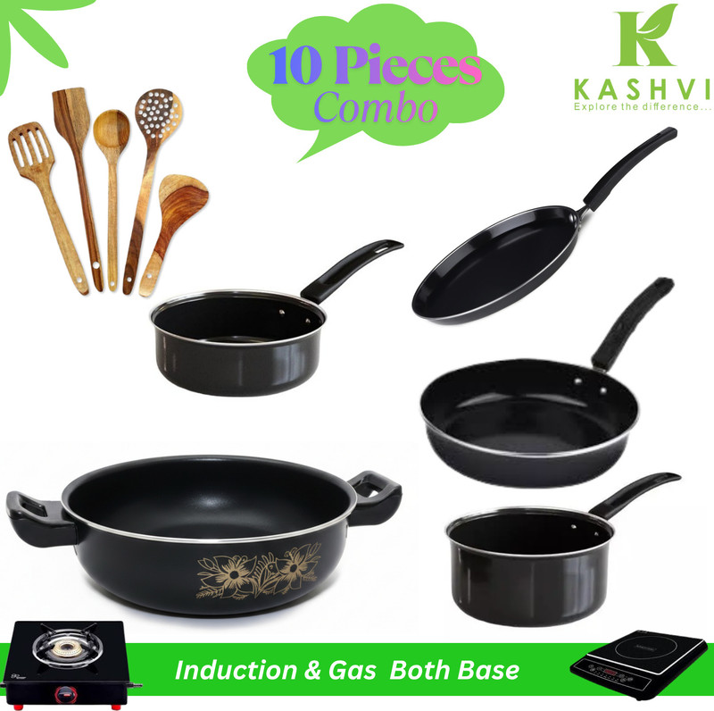 Kashvi Special Set of 10 Pcs | Induction Bottom Non-Stick Coated Cookware Set(Steel, 10 - Piece)