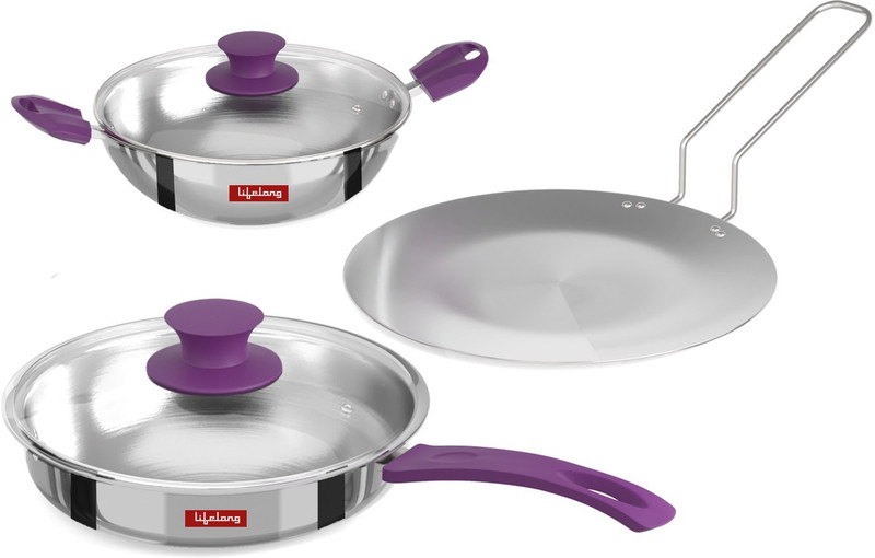 Lifelong LLTPC6 Combo Kadhai (20 CM), Fry Pan Roti Tawa Induction Bottom Cookware Set(Triply, 3 - Piece)