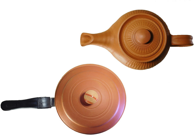KSI Terracotta Clay Kettle And Frypan, Combo For Kitchen Cookware Set(Ceramic, 2 - Piece)