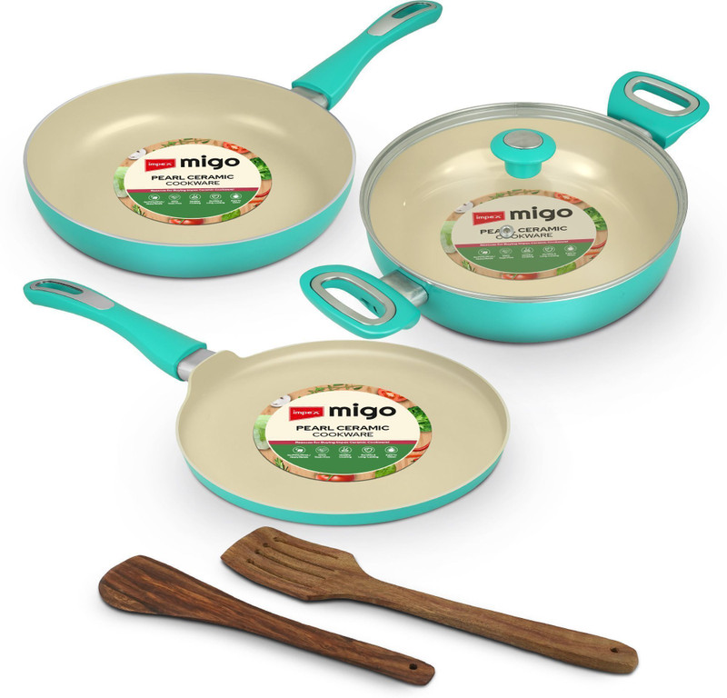 IMPEX Ceramic Induction Bottom Cookware set 6 Pcs with Glass Lid | Induction Bottom Non-Stick Coated Cookware Set(Ceramic, 6 - Piece)