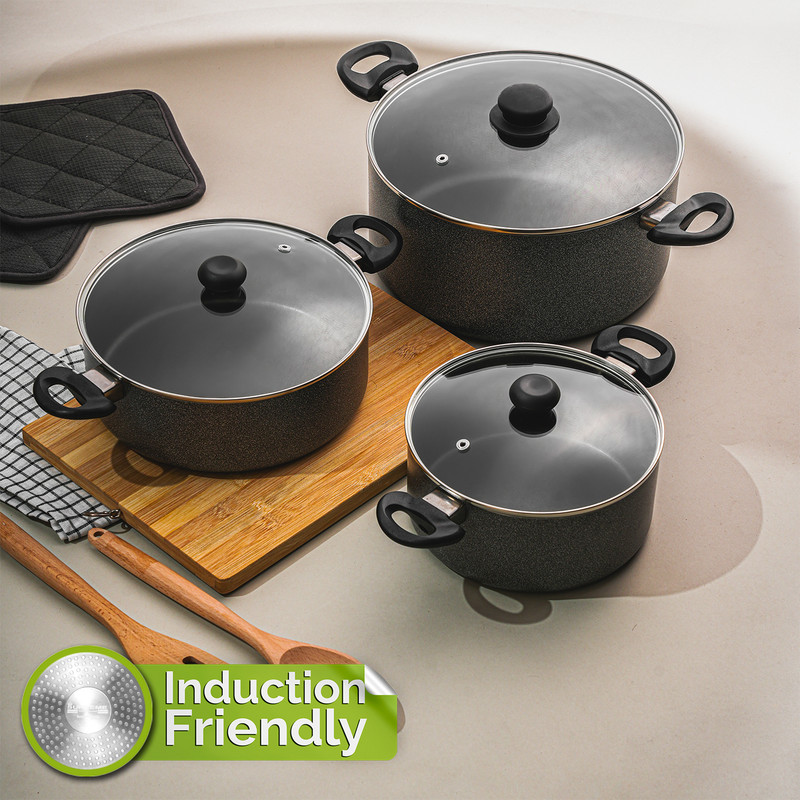 Kreme DELUXE 3mm Induction Bottom Casserole 2.5L + 3.5L + 4.5L Set of 3 pcs Induction Bottom Non-Stick Coated Cookware Set(Aluminium, 3 - Piece)